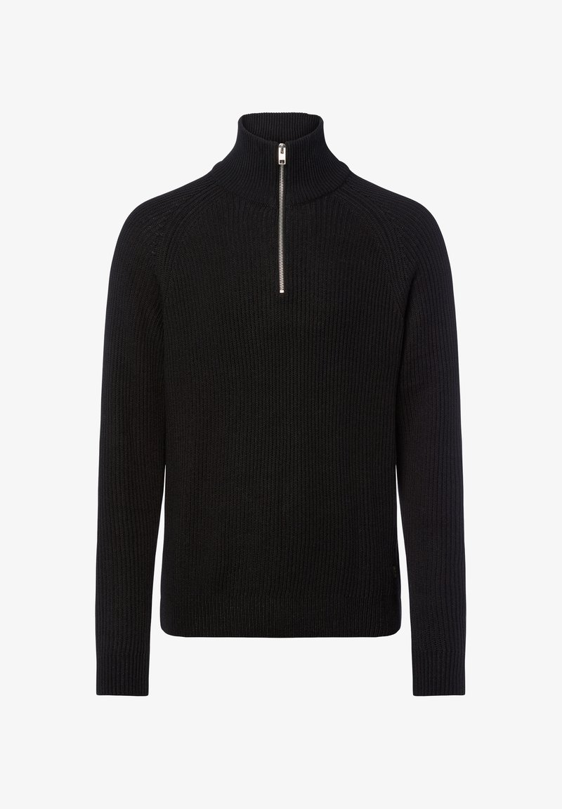 Maglione nero a coste con maniche lunghe e colletto half-zip argento, caratterizzato da un collo alto e un orlo dritto.