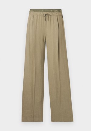 Weite Hosen in einem hellolivgrünen Farbton. Hergestellt aus einem weichen, strukturierten Stoff mit elastischem Bund und Kordelzug.