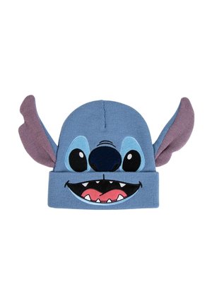 Blue knit beanie featuring a Stitch character design with large ears, black eyes, and a mouth with sharp teeth. Embroidered details enhance texture.