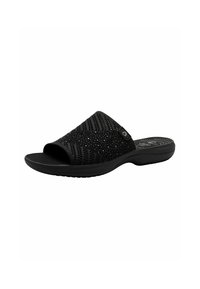 Sandale noire à enfiler avec bout ouvert et dessus texturé présentant un design en mesh et une subtile brillance. Semelle douce pour le confort et le soutien.