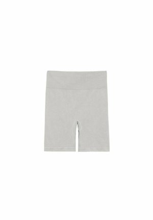 Light gray stretchy fabric biker shorts with wide ribbed waistband and mid-thigh length.