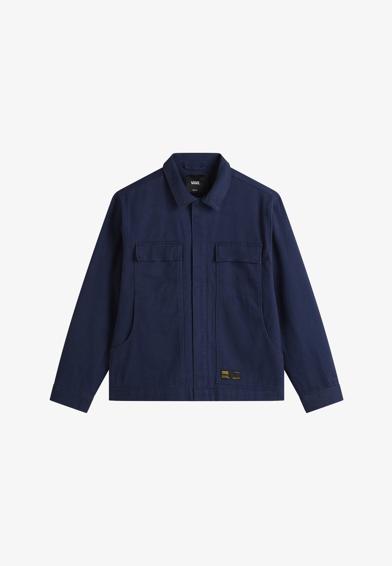 Navy blue jacket with a collared neckline, two chest pockets, and side pockets. Made of a durable fabric with subtle texture. Yellow brand tag.