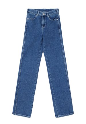 Blaue Jeans aus Denim mit geradem Schnitt, Fünf-Taschen-Stil und Knopfverschluss. Besitzen eine glatte Textur und klassische Nähte.