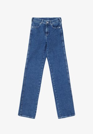 Blauwe denim jeans met een recht model, vijf zakken en een knoopsluiting. Heeft een gladde textuur en klassieke stiksels.