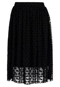 Musta pilkullinen hame, valmistettu läpikuultavasta kankaasta, jossa on joustava vyötärönauha, kerroksittainen malli ja epätasainen helma.