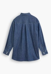 Chemise en denim, bleu foncé, manches longues avec poignets à boutons, col, pli d'aisance au dos, ourlet droit, tissu texturé, design simple.
