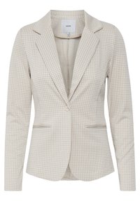 Béžový a bílý blazer s kostkovaným vzorem hounds-tooth, se záševky, jedním knoflíkovým zapínáním a dvěma předními kapsami.