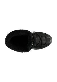 Schwarze Schuhe mit einer strukturierten Lederaußenseite, weichem Pelzfutter, runder Zehenform und Schnürsenkeln vorne. Der Kragen hat ein dickes, flauschiges Aussehen.