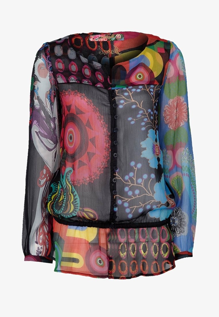Blouse noire transparente avec des motifs colorés, des dessins floraux et des motifs circulaires. Devant avec boutons et manches longues avec un ourlet à volants.