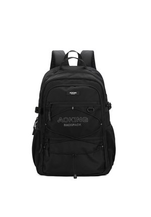 Zaino nero realizzato in tessuto resistente, con numerosi scomparti con zip, corda bungee frontale e spallacci imbottiti e regolabili.