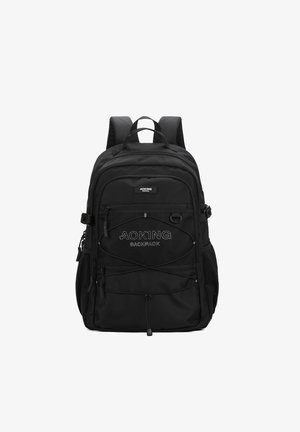 Zaino nero realizzato in tessuto resistente, con numerosi scomparti con zip, corda bungee frontale e spallacci imbottiti e regolabili.