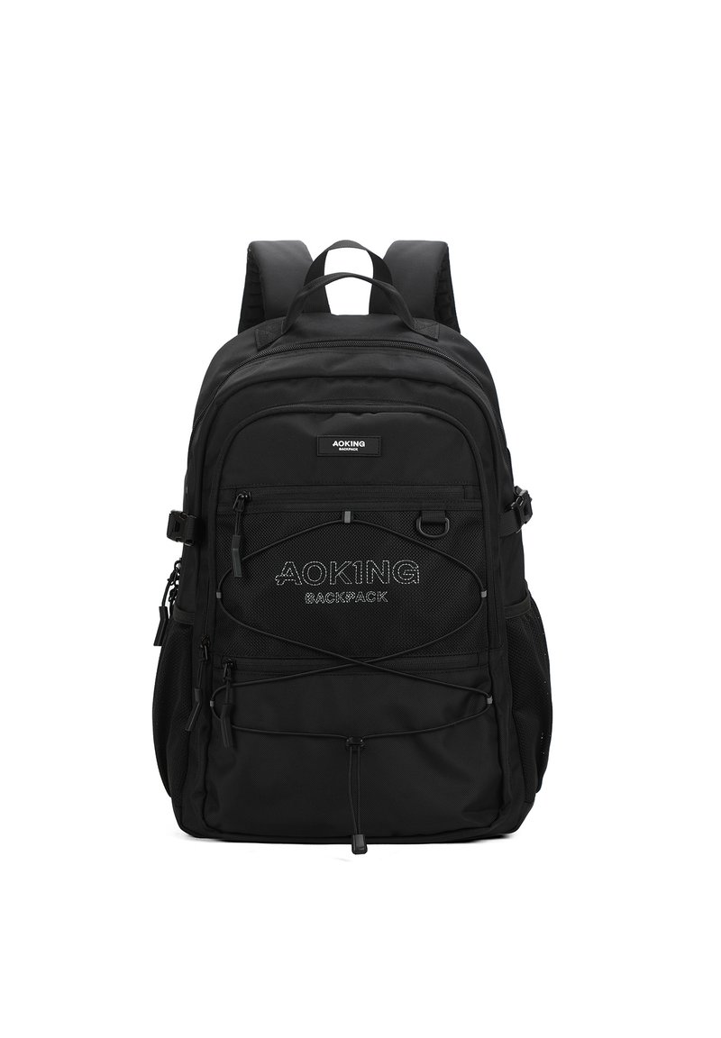 Sac à dos noir en tissu durable, doté de plusieurs compartiments zippés, d'un cordon bungee à l'avant et de bretelles rembourrées et ajustables.