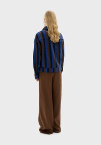 Maglione oversize a righe blu e marrone con colletto, abbinato a pantaloni marroni larghi, mostrato da dietro. Trame morbide.