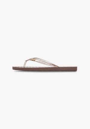Brown flip-flops with glittery rose gold straps, featuring an embossed logo, flat sole, and textured footbed for traction.