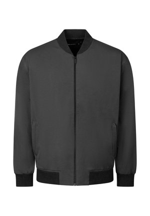Schwarze Bomberjacke mit Frontreißverschluss, geripptem Kragen, Bündchen und Bund, mit zwei Seitentaschen.