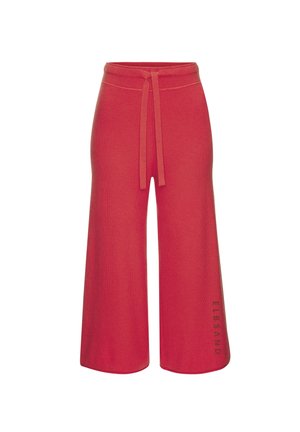 Red wide-leg cropped pants with drawstring waist and "ELBSAND" text printed near the bottom of the left leg.