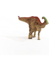Dinosaurs figurine with a brown body, red accents, and a green crest. Realistic texture and details, including claws and scales.