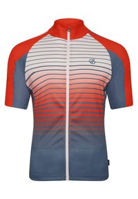Jersey de ciclismo de manga corta con rayas horizontales en rojo, azul y blanco. Cuenta con una cremallera completa, textura suave y diseño ajustado para mejorar la aerodinámica.