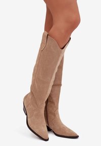 Bottes beige en suède jusqu'au genou avec un bout pointu et une couture décorative. Présente un design élégant et un petit talon empilé.