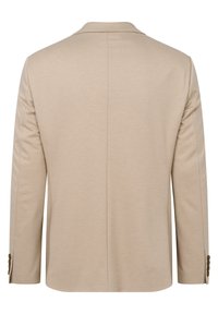 Beige Blazer aus glattem Stoff mit Reverskragen, langen Ärmeln und geknöpften Manschetten. Einfaches Design mit einem belüfteten Rücken.