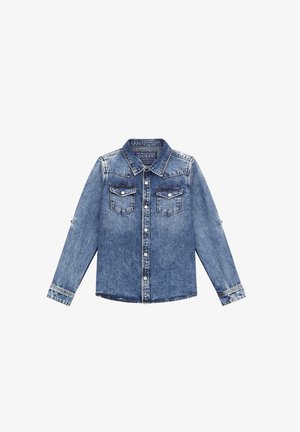 Jeanshemd in medium blauw met een kraag, lange mouwen, twee borstzakken en een knoopsluiting aan de voorkant. Bevat stikdetails.