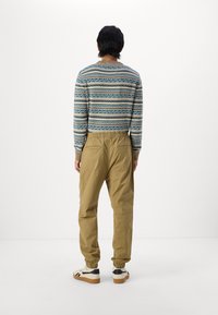 Pulover tricotat cu un design în pattern albastru, bej și maro; asortat cu pantaloni bej cu talie elastică și adidași albi cu accente negre.