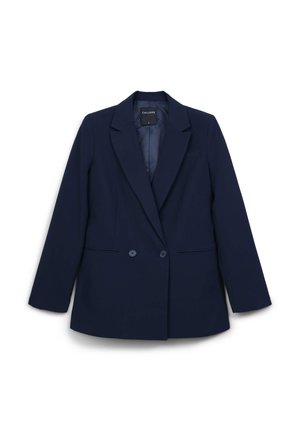 Blazer su misura blu navy con colletto a rever, due bottoni frontali e tasche con fessura, mostrato piatto su sfondo bianco.