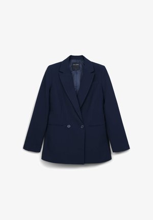 Blazer ajusté bleu marine avec col à revers, deux boutons à l'avant et poches fendu, présenté à plat sur fond blanc.