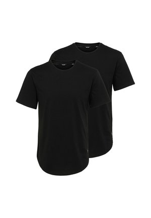 Two plain black short-sleeve crew neck T-shirts, shown front-facing with one slightly behind the other on a white background.