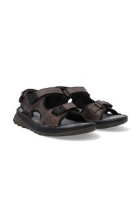 Braune Leder-Sandalen mit verstellbaren Riemen, offenem Zehendesign und strukturiertem Fußbett mit gepolsterter Sohle und robusten Hardware-Details.