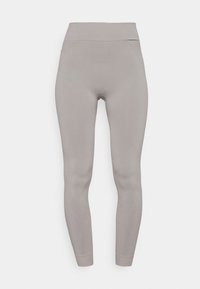 Leggings atletici grigi con vita alta. Tessuto liscio e elasticizzato presenta pannelli laterali testurizzati e una silhouette aderente.