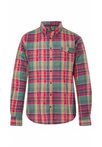 Camicia a maniche lunghe con bottoni, motivo a quadri in rosso, verde, beige e viola, con una tasca sul petto con un solo bottone.