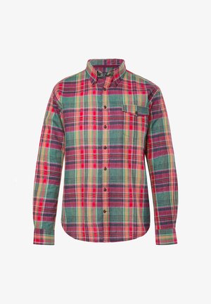 Chemise à manches longues boutonnée avec un motif à carreaux rouges, verts, beiges et violets et une poche poitrine boutonnée.