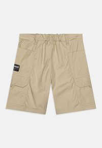 Bermuda cargo beige con vita elasticizzata, dotate di due tasche cargo sui lati e di un'etichetta in tessuto sul lato sinistro.