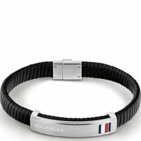 Black leather bracelet with textured bands and a silver metal clasp. Features a logo plate with "HILFIGER" and red, white, and blue accents.