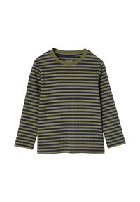 Langarmshirt mit geripptem Stoff, horizontalen Streifen in Olivgrün und Dunkelblau, Rundhalsausschnitt, präsentiert auf weißem Hintergrund.
