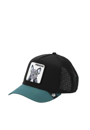 Gorra trucker negra y azul verdoso con parte trasera de malla, con un parche frontal que muestra la cara de un Bulldog Francés gris y la palabra "FRENCHIE".