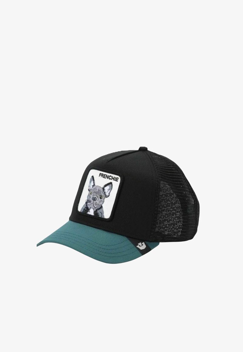 Casquette trucker noire et bleue sarcelle avec un dos en maille, avec un patch avant représentant le visage gris d’un bouledogue français et le mot « FRENCHIE ».