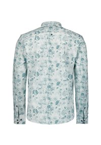 Langsleeve shirt met een bloemenpatroon in lichtblauw en wit. Shirtkraag met knopen en zwarte knopen op de manchetten. Gladde stoftextuur.