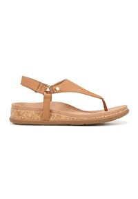 Brown leather toe-post sandal with cork footbed, adjustable ankle strap, and a textured rubber sole. Lightweight design for comfort.