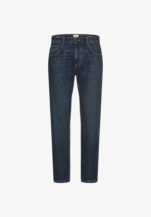 Donkerblauwe denim jeans met een rechte pasvorm, vijfzakkenontwerp en contrasterende oranje stiksels op de naden. Knoopsluiting op de taille.