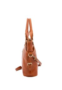 Sac à main en cuir marron avec poignées courtes, bandoulière ajustable, fermeture à glissière et détails de couture visibles. Texture lisse, forme structurée.