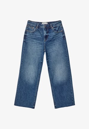 Ljusblå denim byxor med vida ben har en avslappnad passform, fem fickor och subtil blekning, med rak skärning och synliga sömnadsdetaljer.