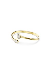 Bague en or avec deux pierres précieuses ovales serties dans des montures circulaires, ornée d'un design de bande lisse et minimaliste avec une finition polie.