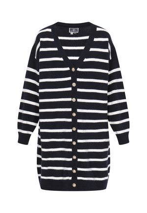 Navy- und weißgestreifter Cardigan aus weichem Strickstoff, mit V-Ausschnitt, langen Ärmeln und goldenen Knöpfen entlang der Vorderseite.