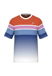 Korte mouwen t-shirt met een kleurverloop van oranje naar blauw, voorzien van horizontale strepen in paars en wit. Geribbelde halsaccent.