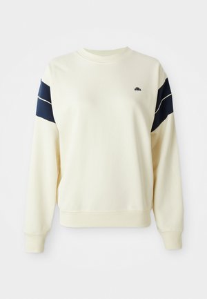Felpa color crema con strisce blu navy sulle maniche, polsini a coste e collo a giro. Presenta un piccolo logo sul petto.