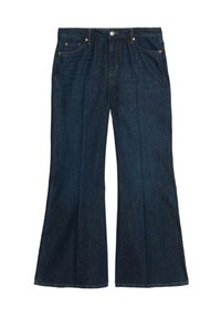 Vaqueros acampanados de color azul oscuro hechos de denim. Incluyen cinco bolsillos, un cierre de botón en la parte delantera y costuras detalladas a lo largo de las costuras.