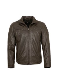 Braune Lederjacke mit einem Reißverschluss, zwei mit Reißverschlüssen versehenen Brusttaschen und einem stehenden Kragen. Das Design umfasst gerade Ärmel und ein strukturiertes Gewebe.