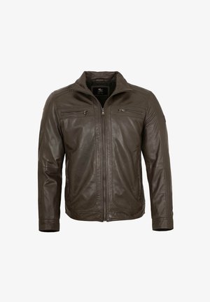 Brown leather jacket featuring a zip closure, two zippered chest pockets, and a stand-up collar. The design includes straight sleeves and textured fabric.